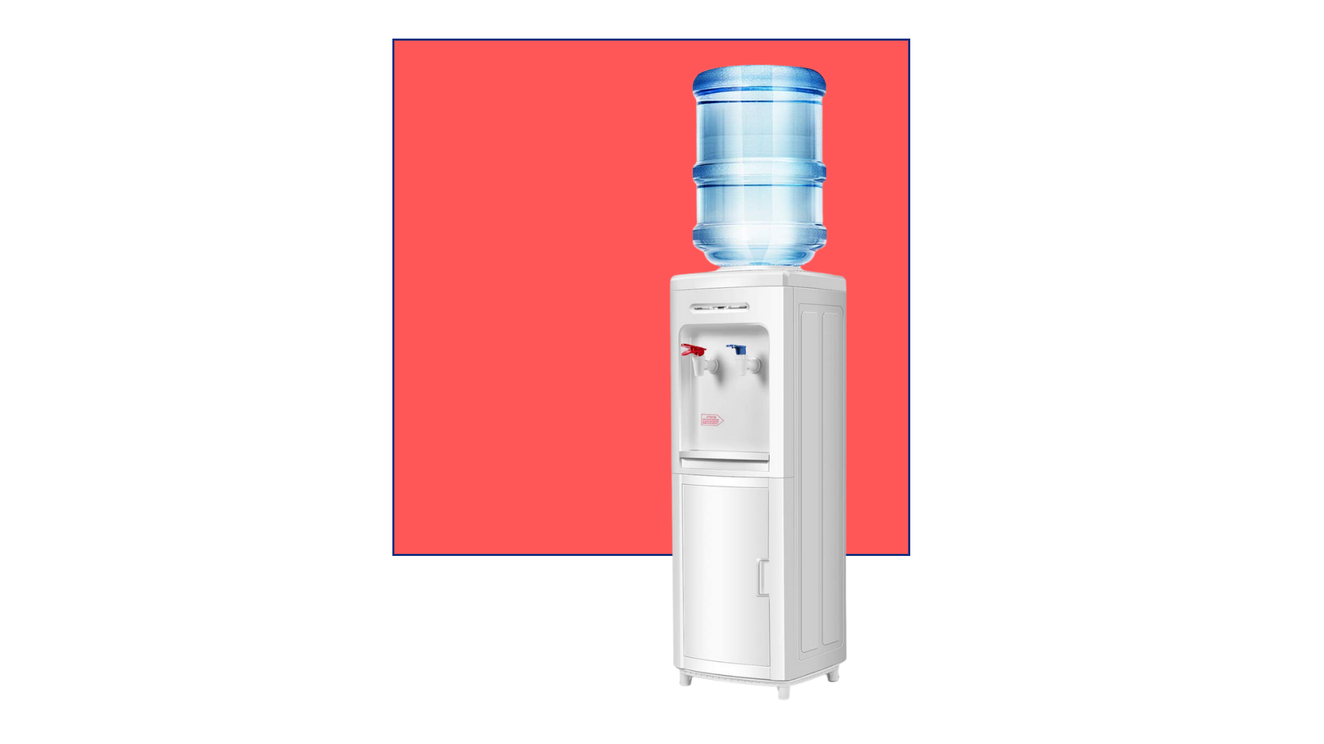 A water cooler stands against an empty blue frame and an empty reddish orange background.