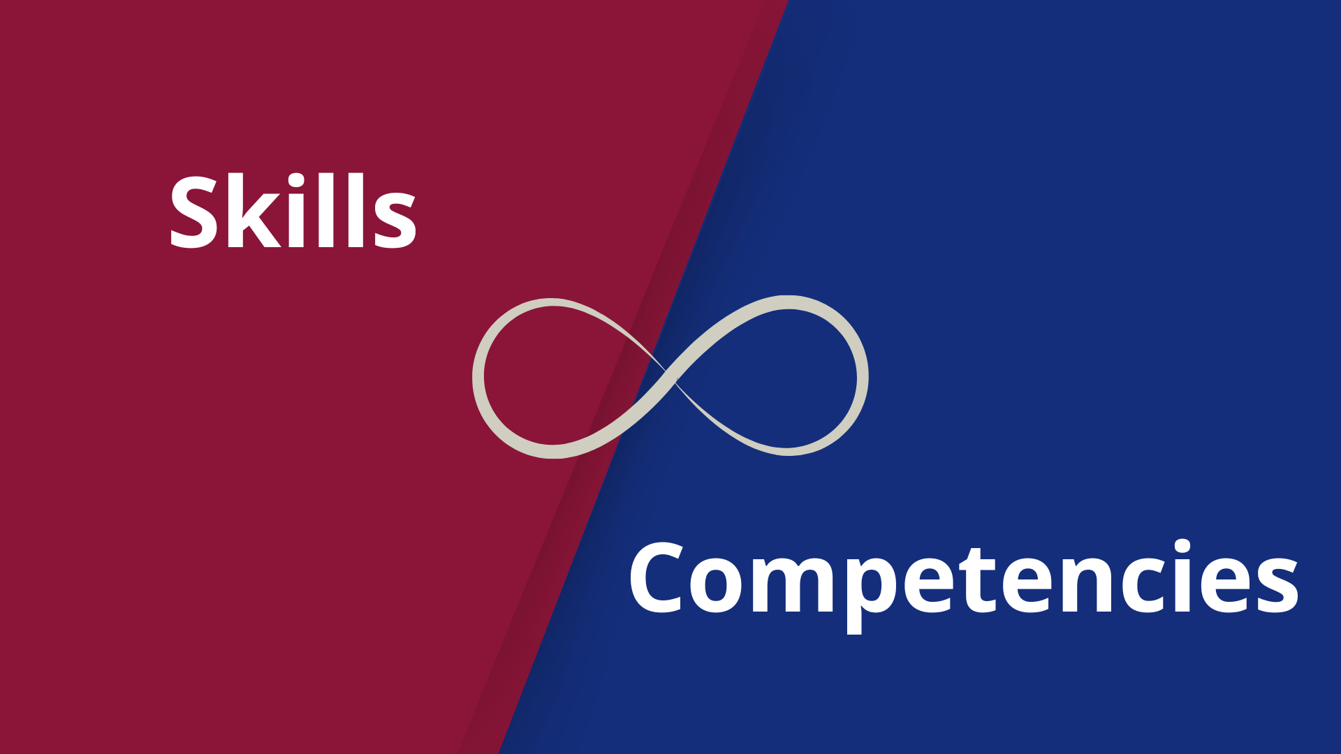 A graphic is divided into a red half and a blue half. The red half has the word "Skills" and the blue half has the word "Competencies." An infinity symbol spans the red and blue halves of the screen.