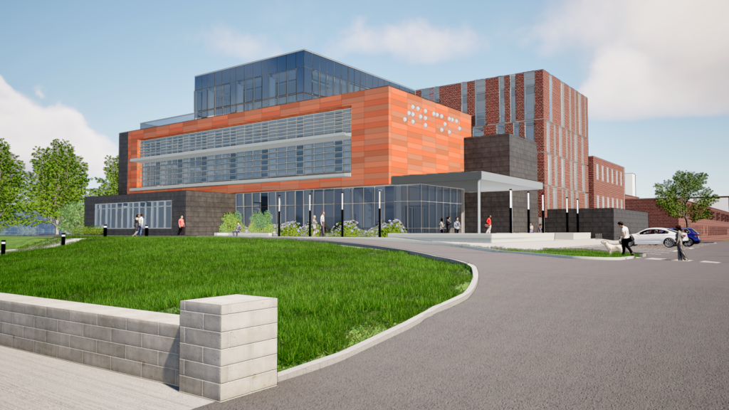 A rendering shows a building with a grass lawn in front of it. The building is a visualization of where "The Dot Experience" will be housed. The Dot Experience will be the world's first fully accessible attraction.